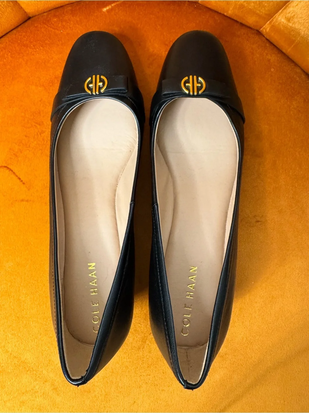 New Cole Haan Malta Bow  Black Wedge Pump with Gold Accent